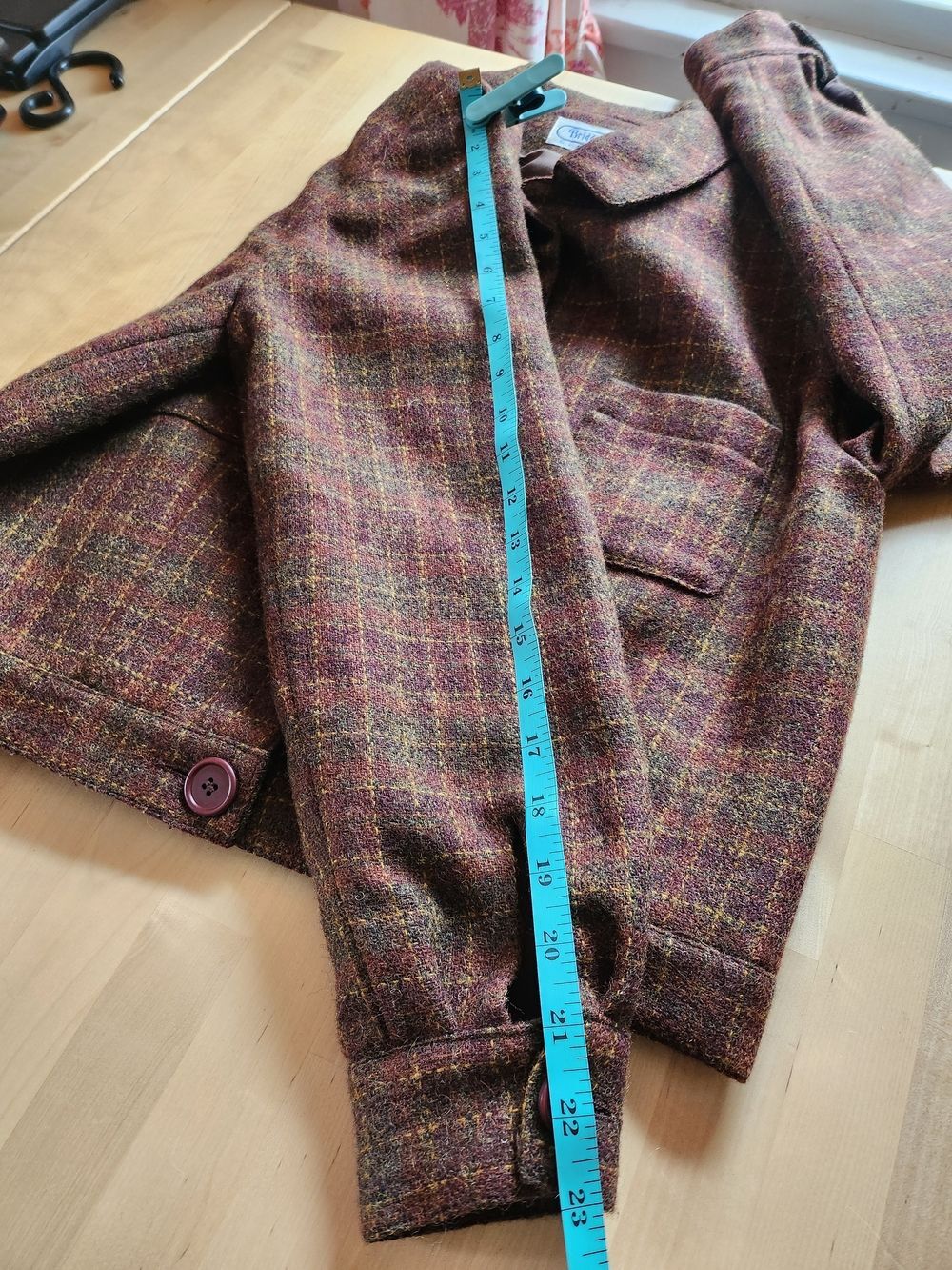 Vtg 100% Wool Autumn Leaves Brown Checked Plaid Tweed Bomber Jacket - Picture 8 of 11